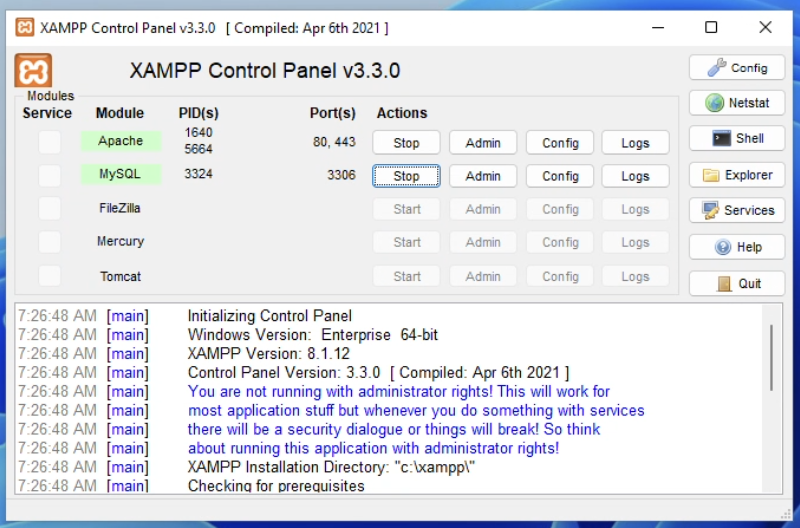 Windows XAMPP start Apache and MySQL