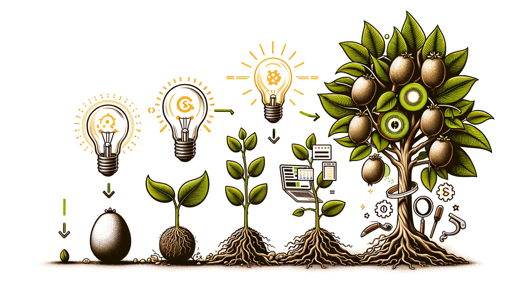 A vector graphic that visually narrates the evolution of a project in four stages. On the far left, a simple seed represents the brainstorming phase with a light bulb above it to symbolize ideas. Moving right, the seed sprouts into a young sapling with coding symbols like brackets and less-than signs around it to denote coding and development. The next stage shows the tree growing stronger with testing tools like magnifying glass and check marks, indicating testing and refinement. The final stage, on the far right, features a mature kiwi tree laden with ripe kiwi fruits, signifying a successful product launch. The image should have a professional vector style, with each stage of the project's growth clearly marked and distinct from the others.